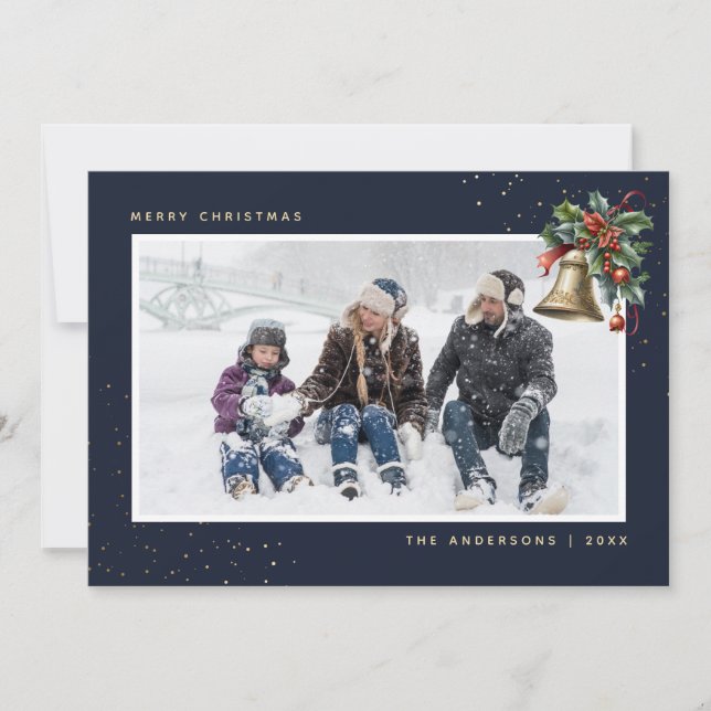 Blue Gold Watercolor Holly Bell Photo Holiday Card (Front)