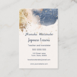 Blue & gold watercolor Japanese language Tutor Business Card