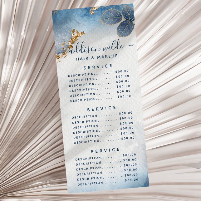 Blue Gold Watercolor Leaves Business Menu (Creator Uploaded)