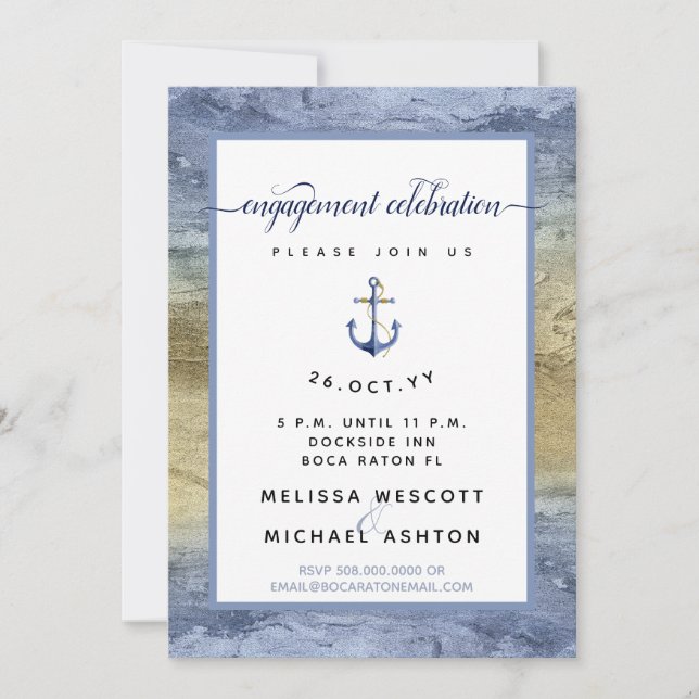 Blue Gold Watercolor #Nautical Engagement Party Invitation (Front)