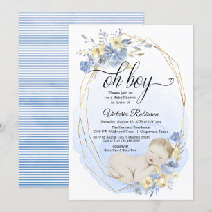Blue Gold Watercolor Oh Boy Baby Shower Invitation