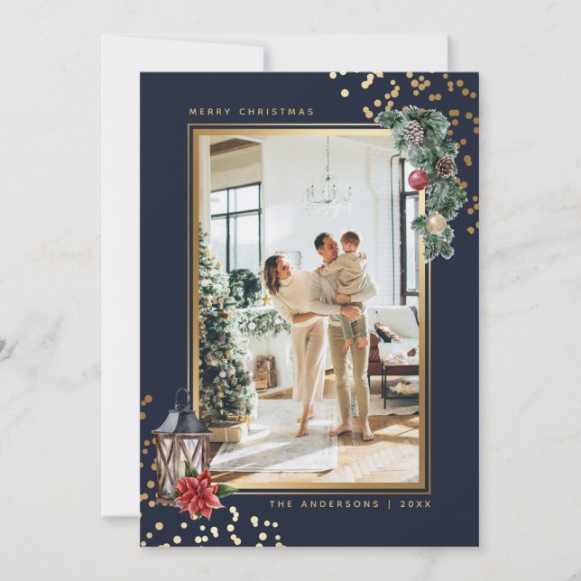 Blue Gold Watercolor Photo Christmas Holiday Card (Front)