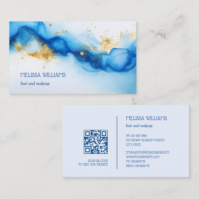 Blue Gold Watercolor | QR Code Business Card (Front/Back)
