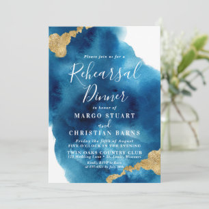 Blue & Gold Watercolor Rehearsal Dinner Invitation