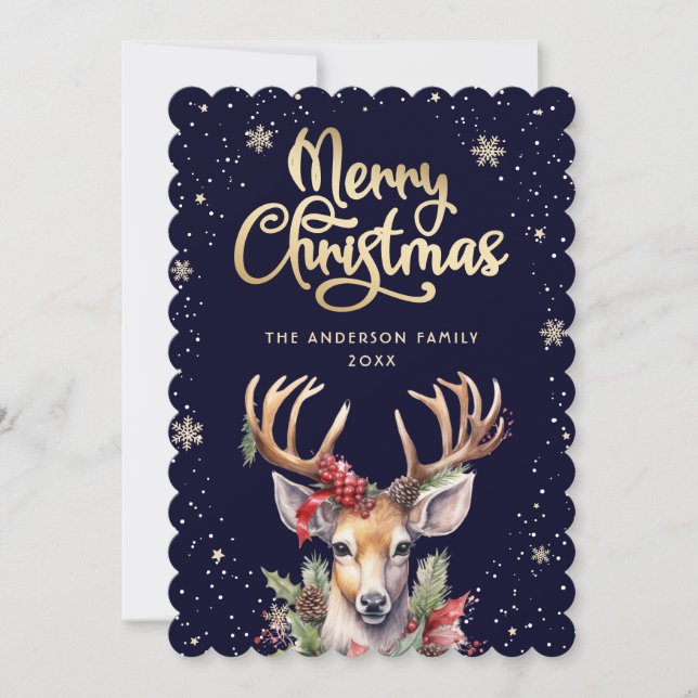 Blue Gold Watercolor Reindeer Christmas Card (Front)