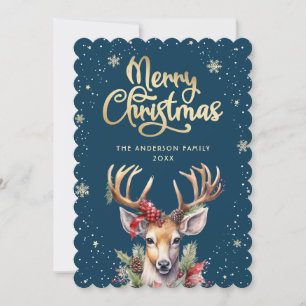 Blue Gold Watercolor Reindeer Snow Christmas Card