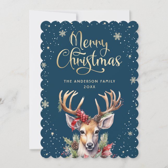 Blue Gold Watercolor Reindeer Snow Christmas Card (Front)