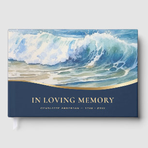 Blue Gold Watercolor Rolling Waves Funeral Guest Book