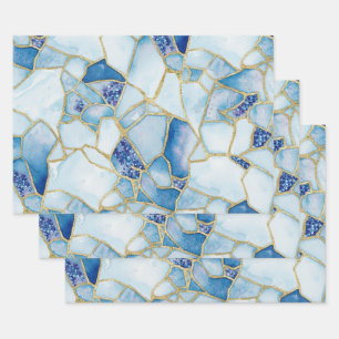 Blue Gold Watercolor Sea Glass Mosaic Pattern Wrapping Paper Sheet