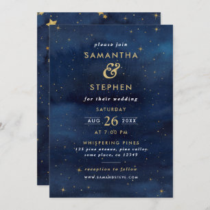 Blue & Gold Watercolor Starry Night Sky Wedding Invitation