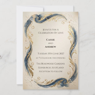 Blue Gold Watercolor Vine Wedding Invitation
