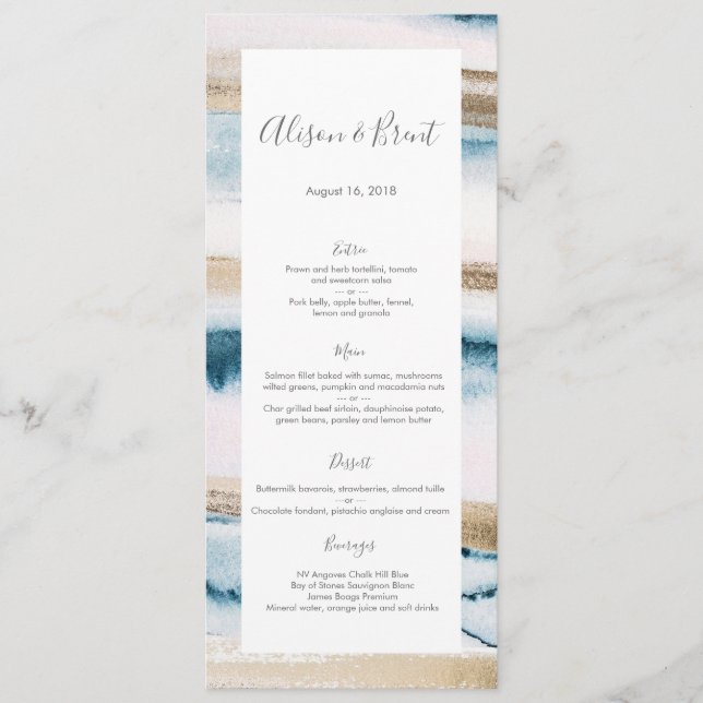 Blue gold watercolor Wedding Menu or Program Card (Front)