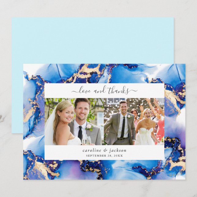 Blue Gold Watercolor Wedding Photo Thank You Card (Front/Back)
