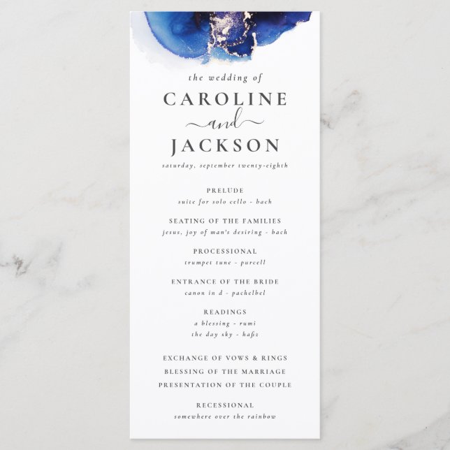 Blue Gold Watercolor Wedding Program Menu (Front)