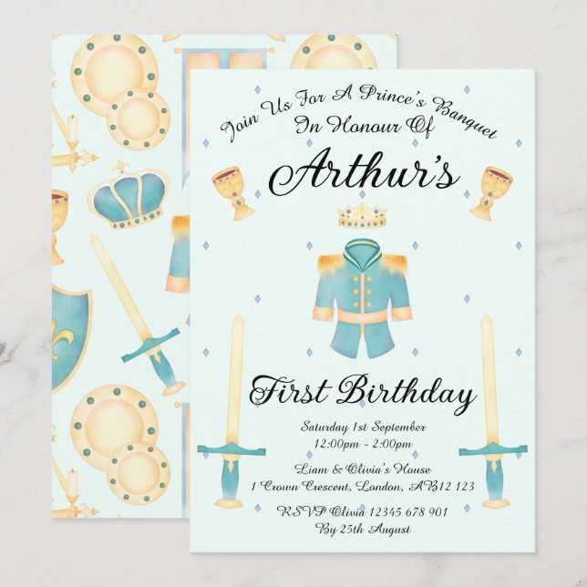 Blue & Gold Watercolour Little Prince Birthday Invitation (Front/Back)