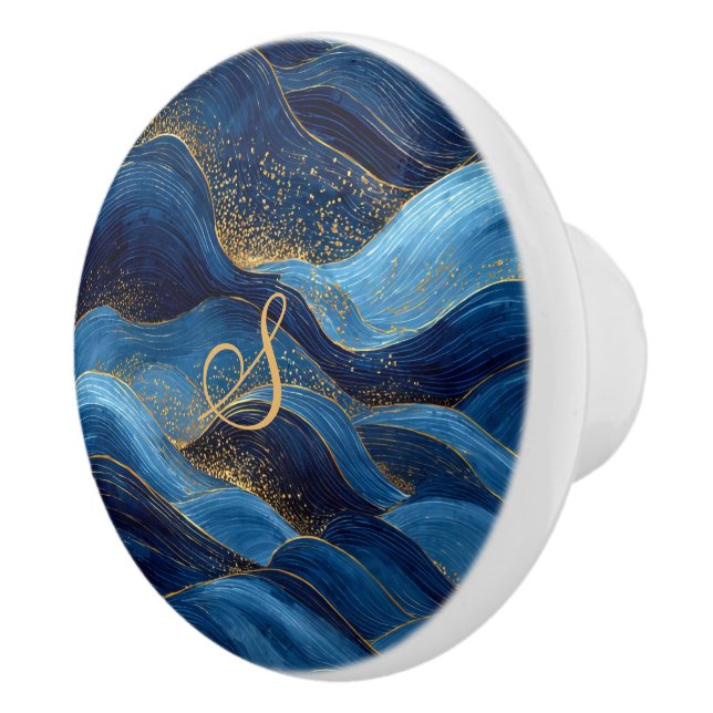 Blue Gold Wave Monogram Art Design Ceramic Knob (Right)
