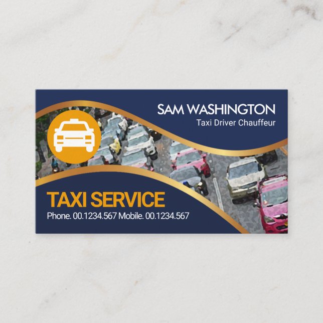 Blue Gold Waves City Traffic Taxi Cab Driver Business Card (Front)