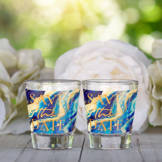 Blue Gold Wedding Beach Funny Save the Date Shot Glass (Creator Uploaded)