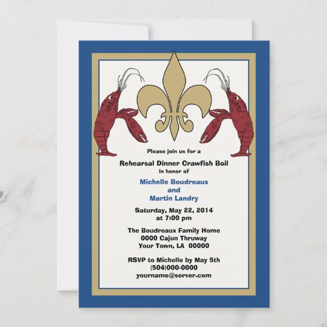 Blue Gold Wedding Event Crawfish Boil Invitation (Front)