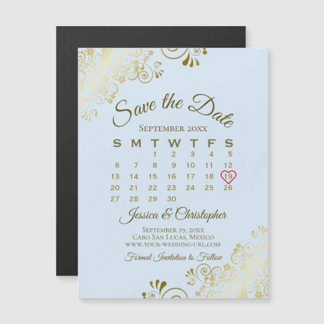 Blue & Gold Wedding Save the Date Calendar Magnet (Front/Back)