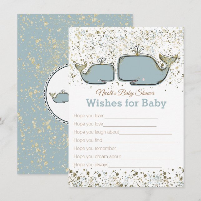 Blue & Gold Whales Wishes for Baby Shower Game Invitation (Front/Back)