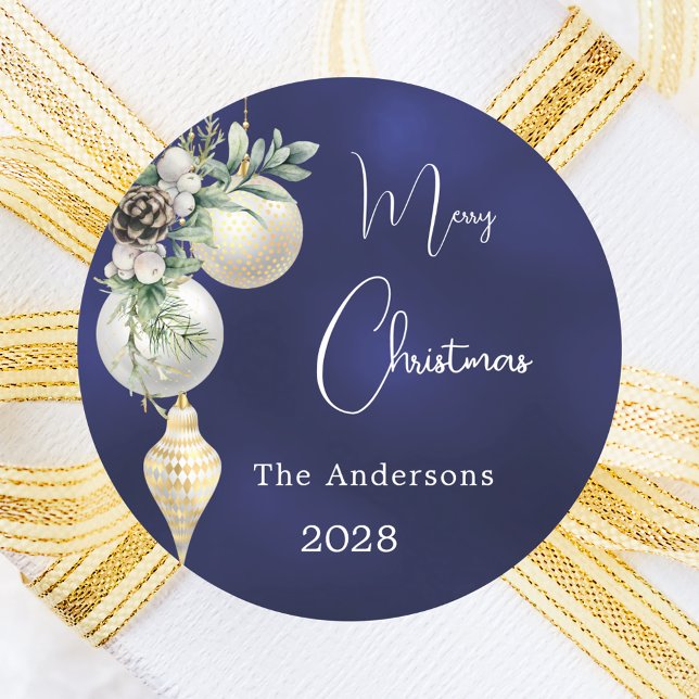 Blue gold white baubles Christmas Classic Round Sticker (Creator Uploaded)