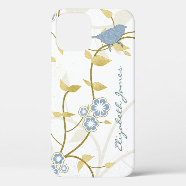 Blue Gold White Birds Floral Personalised Case-Mate iPhone Case (Back)