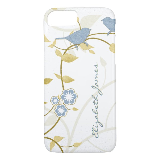 Blue Gold White Birds Floral Personalised Case-Mate iPhone Case (Back)