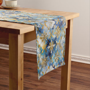Blue Gold White Christmas Snowflakes Short Table Runner