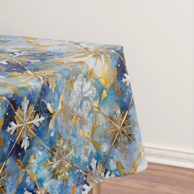 Blue Gold White Christmas Snowflakes Tablecloth (In Situ)