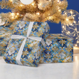 Blue Gold White Christmas Snowflakes Wrapping Paper