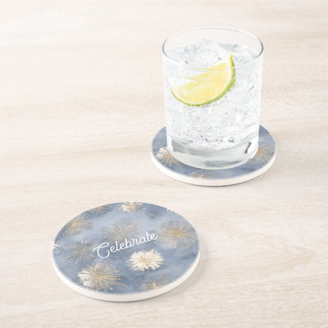 Blue Gold White Fireworks Celebrate Coaster (Side)