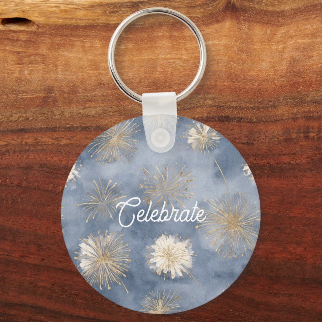 Blue Gold White Fireworks Celebrate Key Ring (Front)