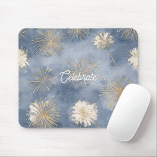 Blue Gold White Fireworks Celebrate Mouse Mat