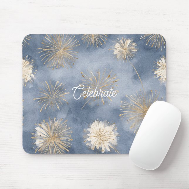 Blue Gold White Fireworks Celebrate Mouse Mat (With Mouse)