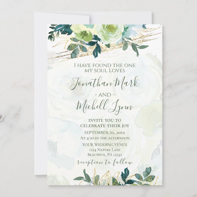Blue Gold White Floral Greenery Christian Wedding Invitation (Front)