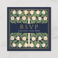 Blue Gold White Floral Royal Wedding RSVP QR Code