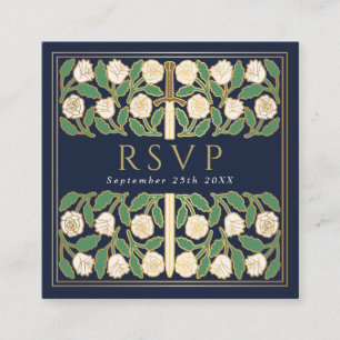 Blue Gold White Floral Royal Wedding RSVP QR Code Enclosure Card