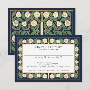 Blue Gold White Floral Sword Royal Wedding RSVP Card