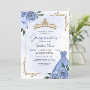 Blue Gold & White Floral Tiara Quinceañera  Invitation