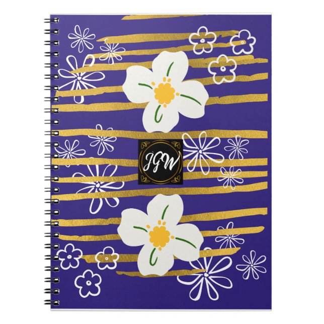 Blue, Gold & White Flower  Notebook (Front)