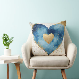 BLUE GOLD WHITE GLITTER LOOK VALENTINE HEARTS CUSHION