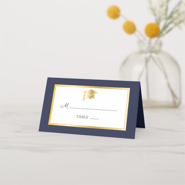 Blue | Gold | White Grad Cap Place Cards (Front)