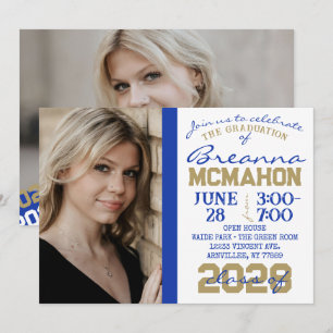 Blue, Gold & White Graduation 2 Photo Invitation