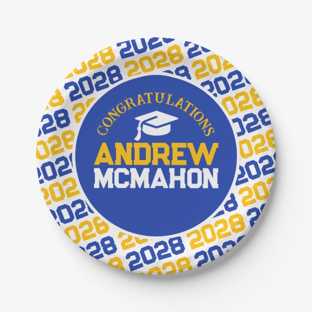 Blue, Gold & White Graduation Personalised Paper Plate (Front)