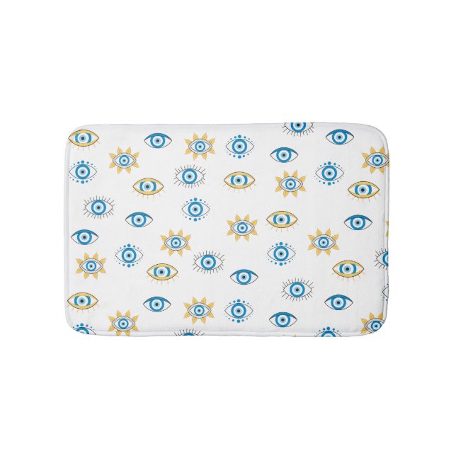 Blue, Gold & White Greek Eye Mati Pattern Bath Mat (Front)