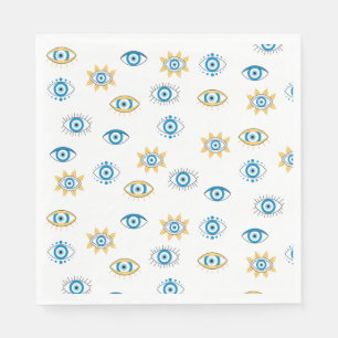 Blue, Gold & White Greek Eye Mati Pattern Napkin