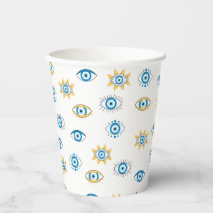Blue, Gold & White Greek Eye Mati Pattern Paper Cups