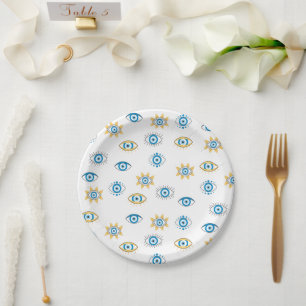 Blue, Gold & White Greek Eye Mati Pattern Paper Plate