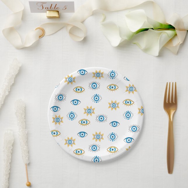 Blue, Gold & White Greek Eye Mati Pattern Paper Plate (Wedding)